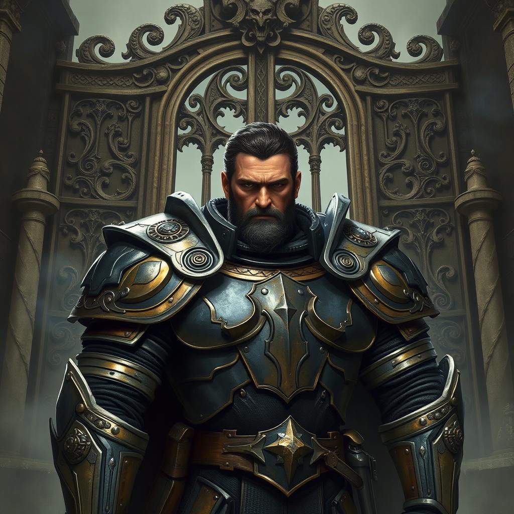 A fantasy scene in the style of Dungeons & Dragons featuring a strong, adult male guard in heavy armor