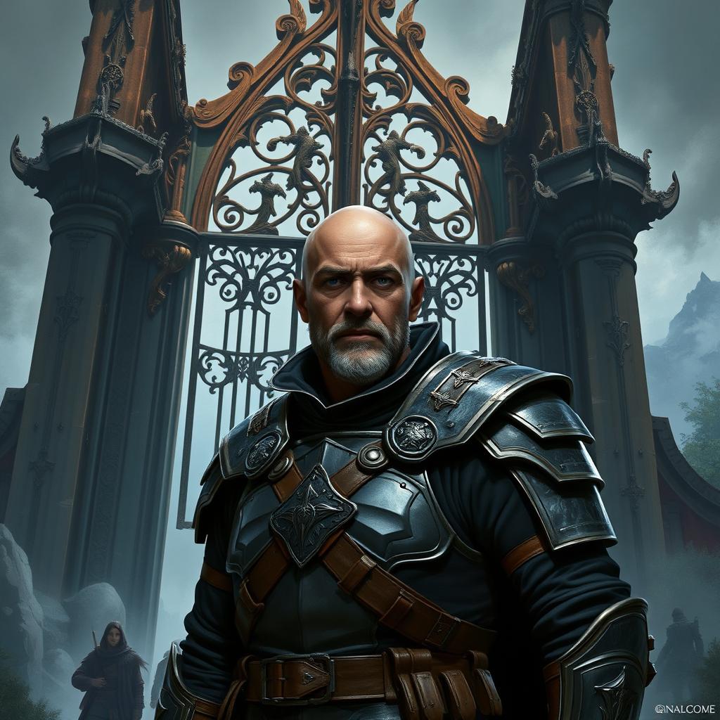 A fantasy scene inspired by Dungeons & Dragons featuring a middle-aged male guard of average build with a bald head, dressed in sturdy armor