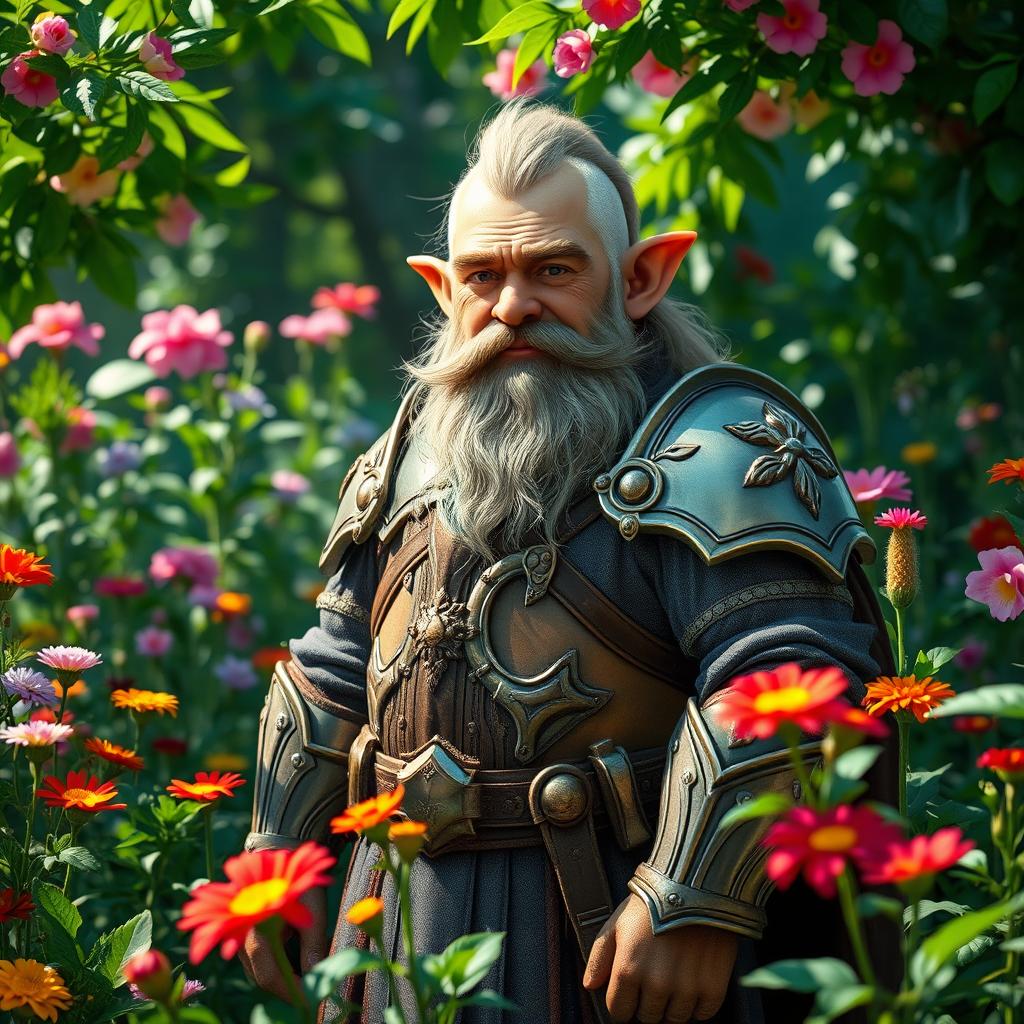 A fantasy scene featuring an adult male dwarf dressed as a nobleman in exquisite armor, standing proudly in a lush, blooming garden filled with vibrant flowers and greenery