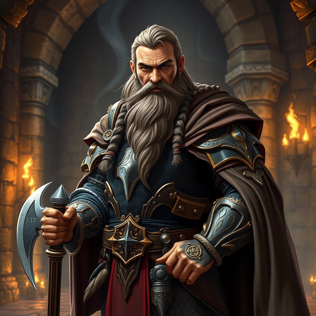 A fantasy scene in the style of DnD featuring an adult male dwarf dressed elegantly like a noble