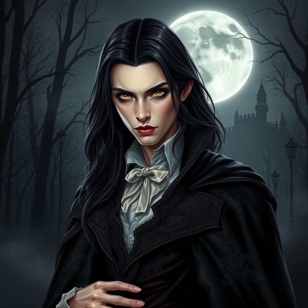 A captivating vampire character design for a gothic novel cover, featuring an elegantly dressed vampire with noble features and piercing eyes