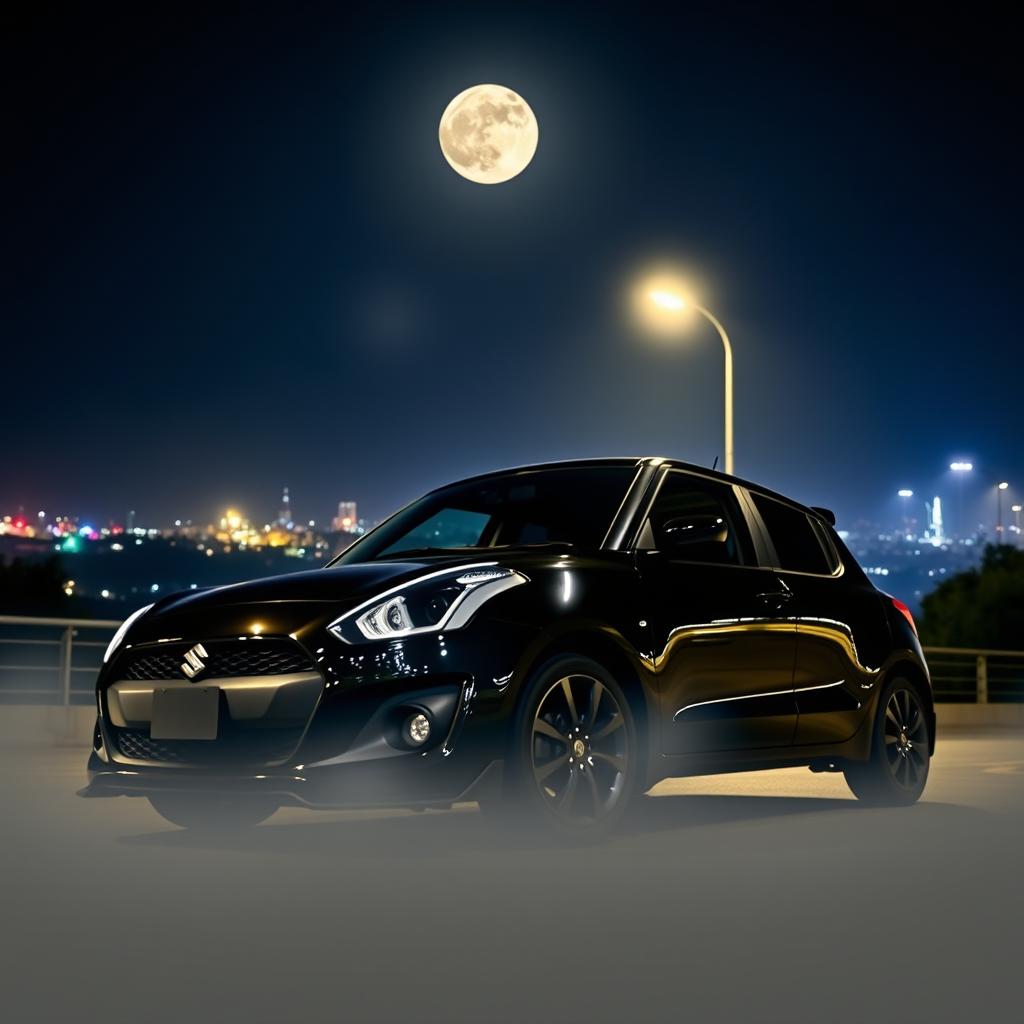 A sleek black Suzuki Swift parked under a moonlit sky, illuminated by streetlights