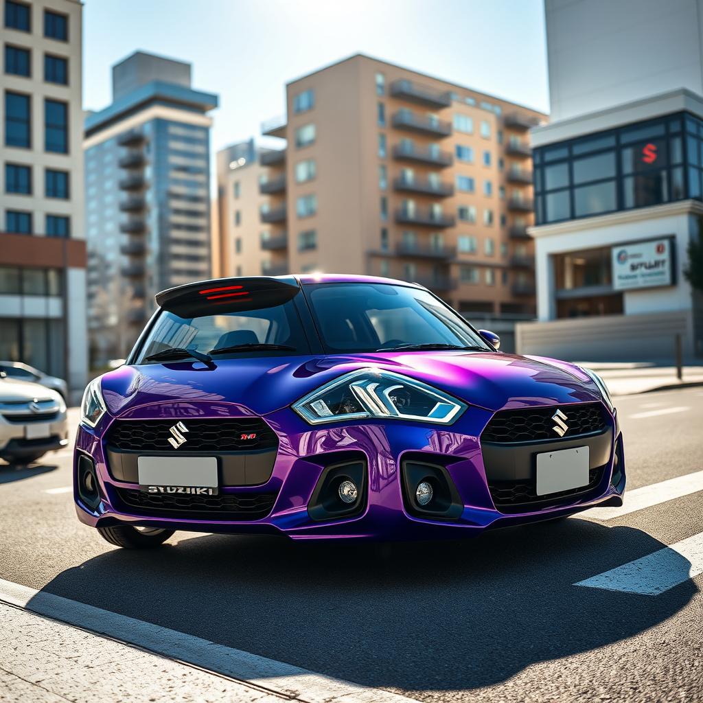 A sleek Suzuki Swift parked on a sunlit city street, showcasing its sporty design and vibrant color