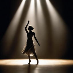 A lone figure, palpitating with grace and confidence, dancing unaccompanied under a radiant spotlight on a vast, dimly lit stage.