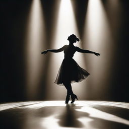 A lone figure, palpitating with grace and confidence, dancing unaccompanied under a radiant spotlight on a vast, dimly lit stage.