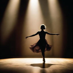 A lone figure, palpitating with grace and confidence, dancing unaccompanied under a radiant spotlight on a vast, dimly lit stage.