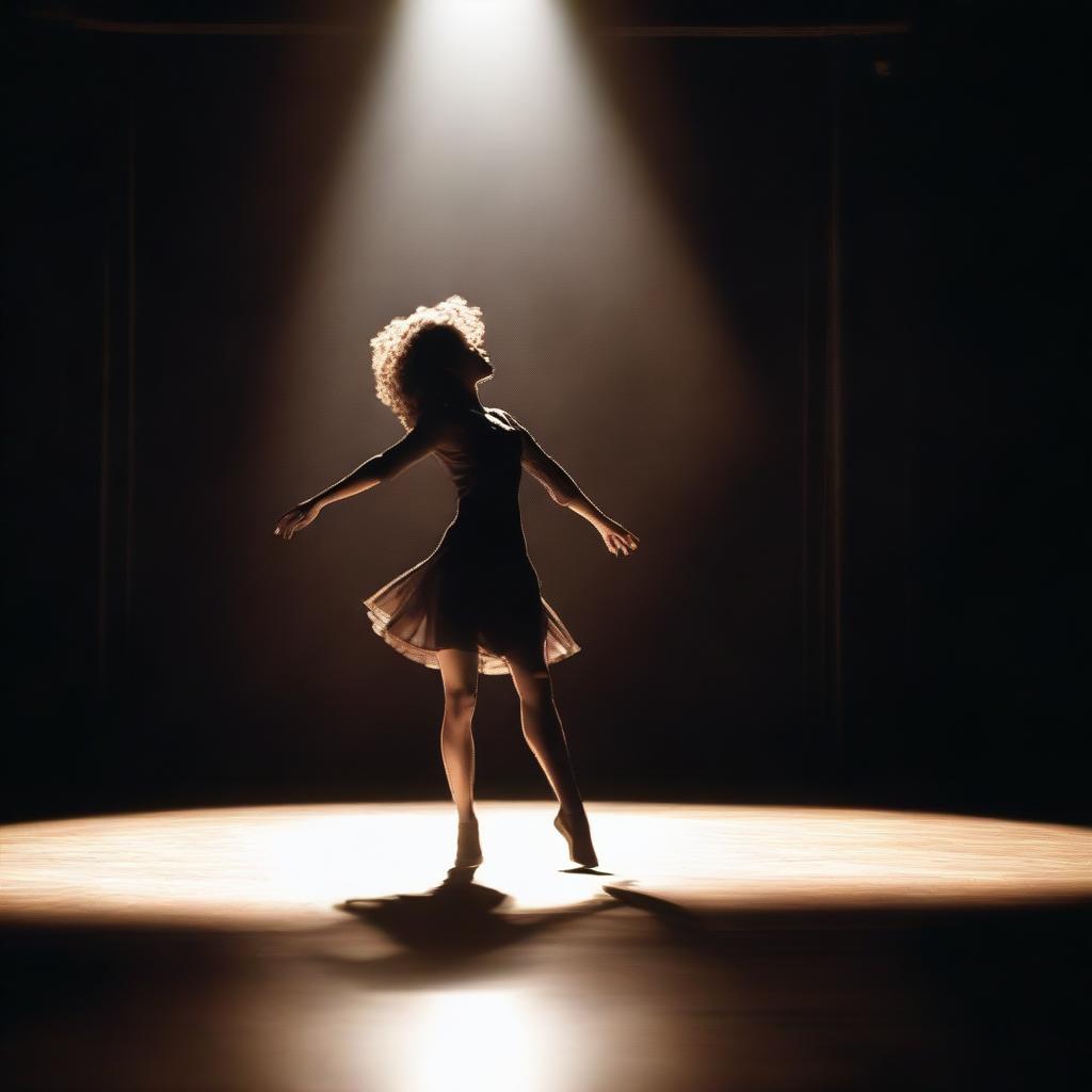 A lone figure, palpitating with grace and confidence, dancing unaccompanied under a radiant spotlight on a vast, dimly lit stage.