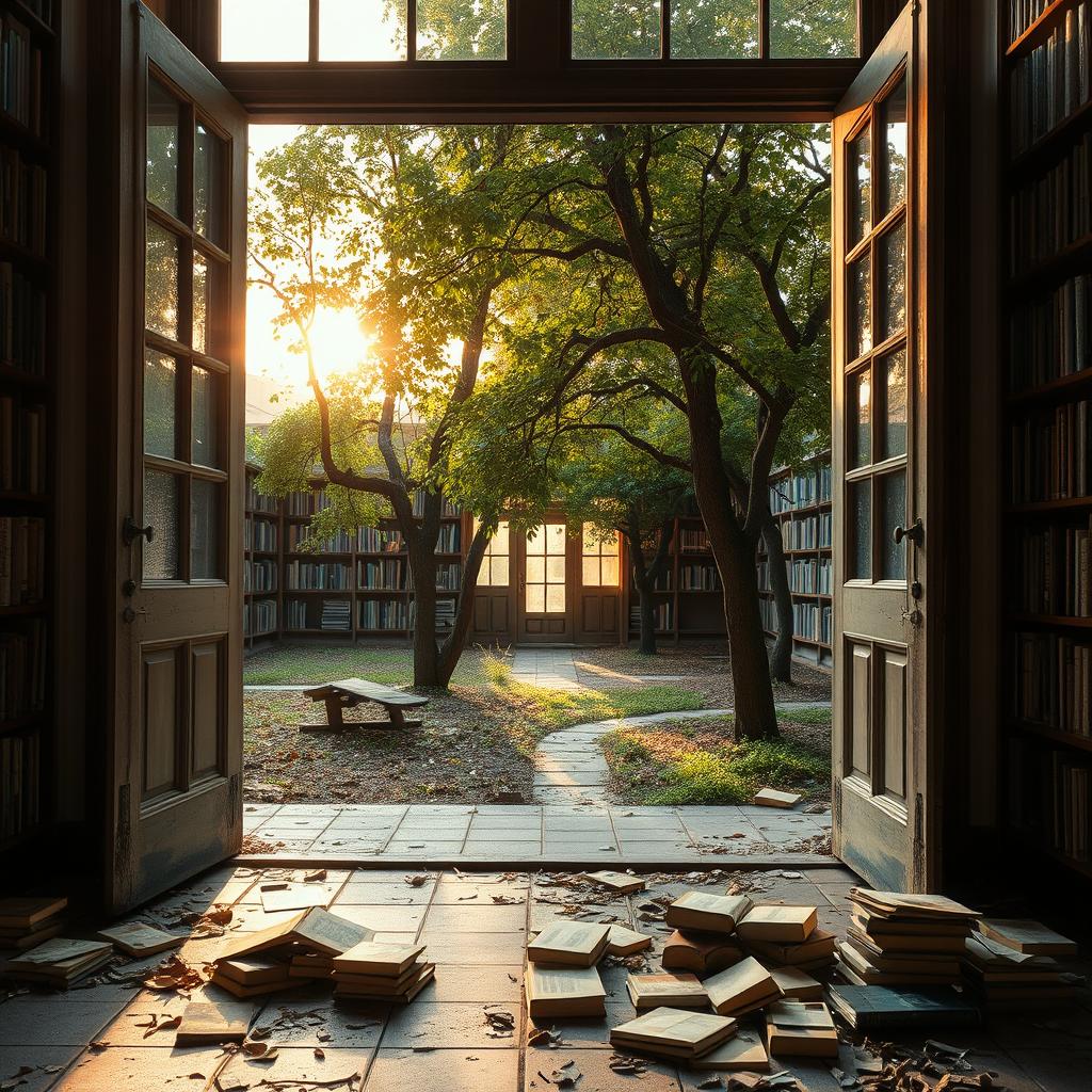 A library courtyard with a dilapidated garden featuring a few trees, showcasing a broken-down vibe yet filled with soft, warm light