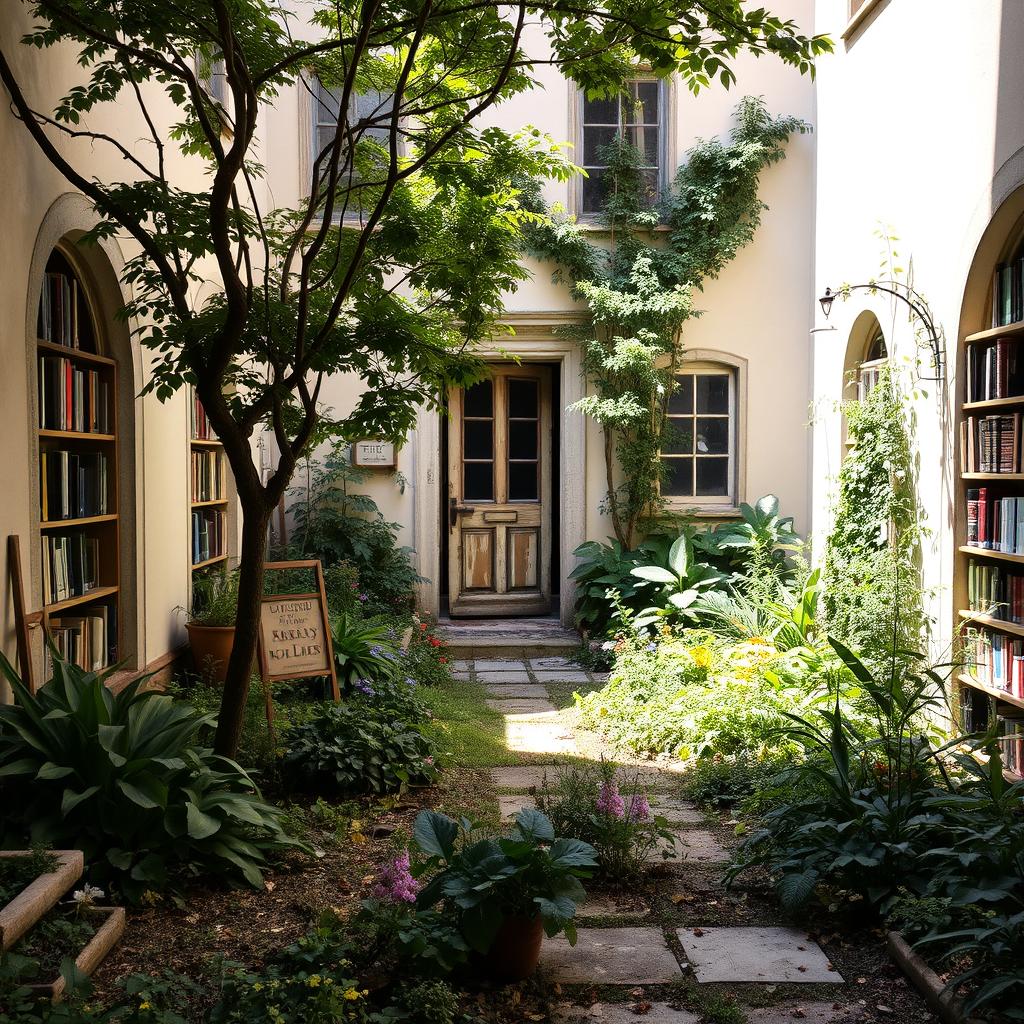A charming library courtyard with a dilapidated garden featuring overgrown plants and flowers, a few scattered trees providing some shade, and a distinct old, weathered door that is fully open, inviting light into the scene
