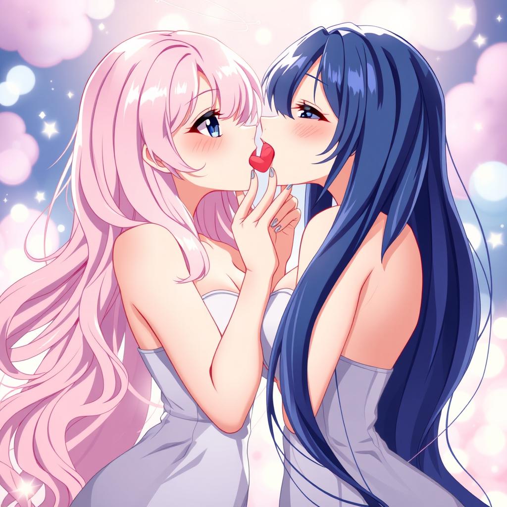 Two beautiful 18-year-old anime girls with long, flowing hair engaging in a passionate French kiss, their tongues playfully intertwined