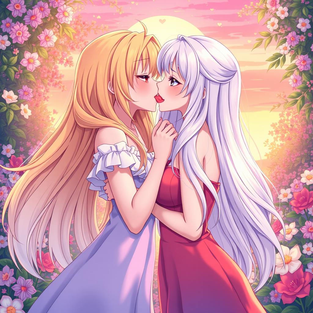 Two beautiful 18-year-old anime girls passionately French kissing, their tongues playfully entwined