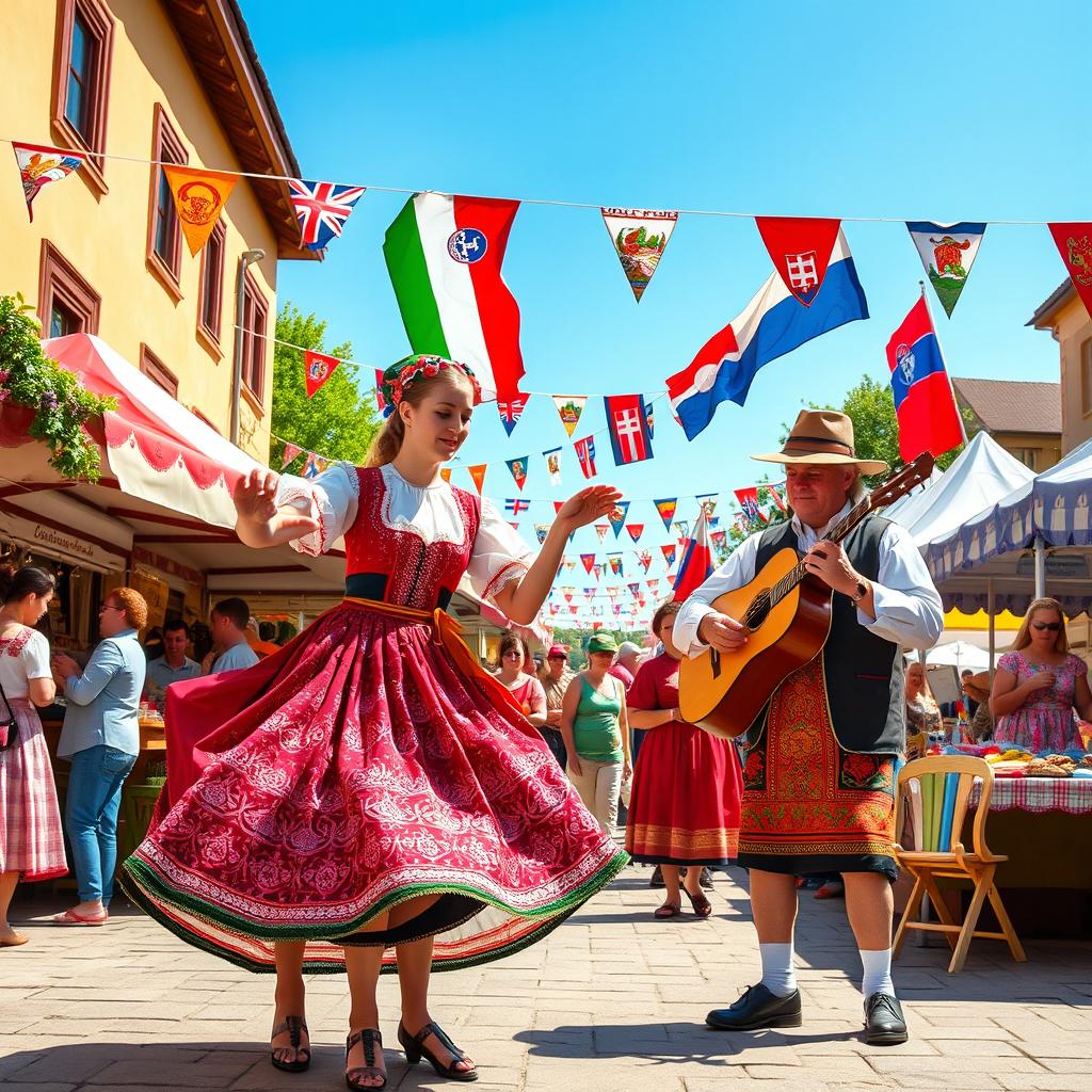 A vibrant and colorful scene depicting a cultural festival that celebrates Hungarian and Slovak traditions