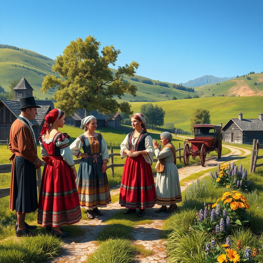 A picturesque scene depicting a 19th-century interaction between Hungarian and Slovak people