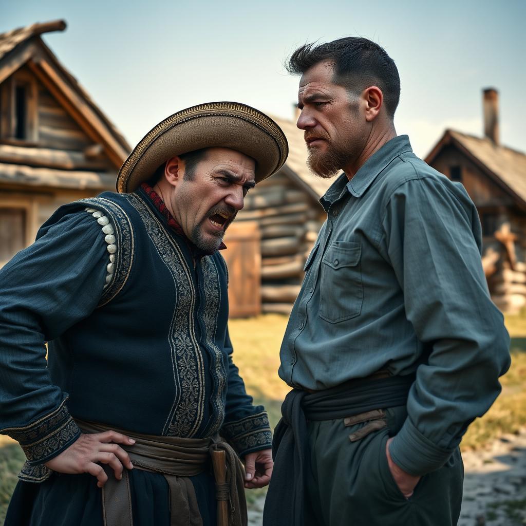 A dramatic portrayal of an angry Magyar man confronting a Slovak man in the 19th century