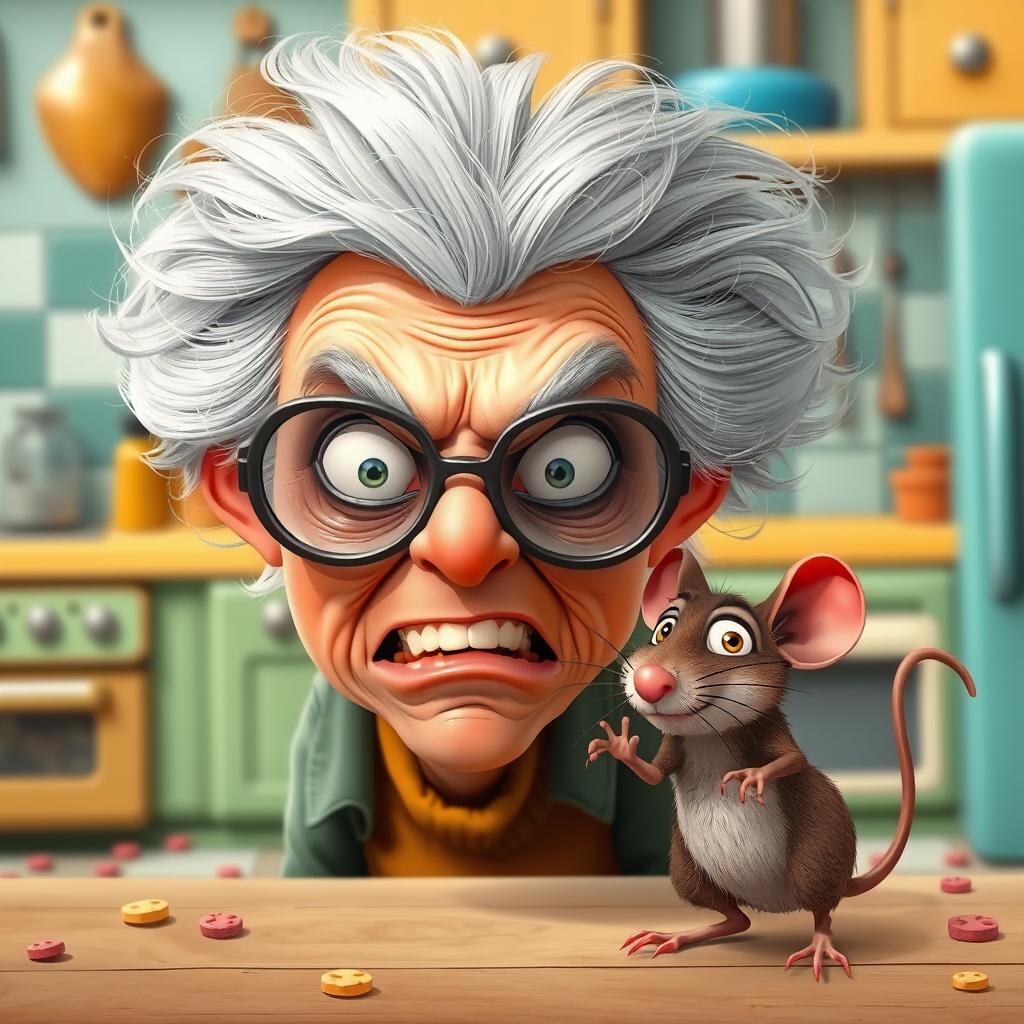 An animated character design featuring a furious elderly woman with wild, frizzy grey hair, wearing oversized glasses that amplify her angry expression