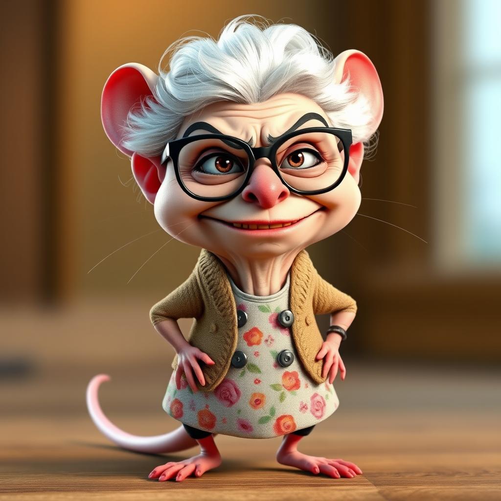 An animated character that is a combination of an angry grandmother and a rat