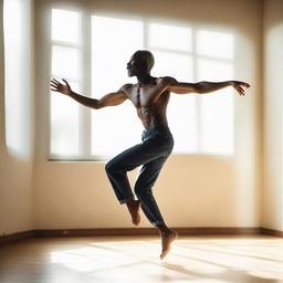 A man, imbued with strength and joy, dancing alone under the natural light of a sunny day. He moves rhythmically, each move echoing his courage and freedom.