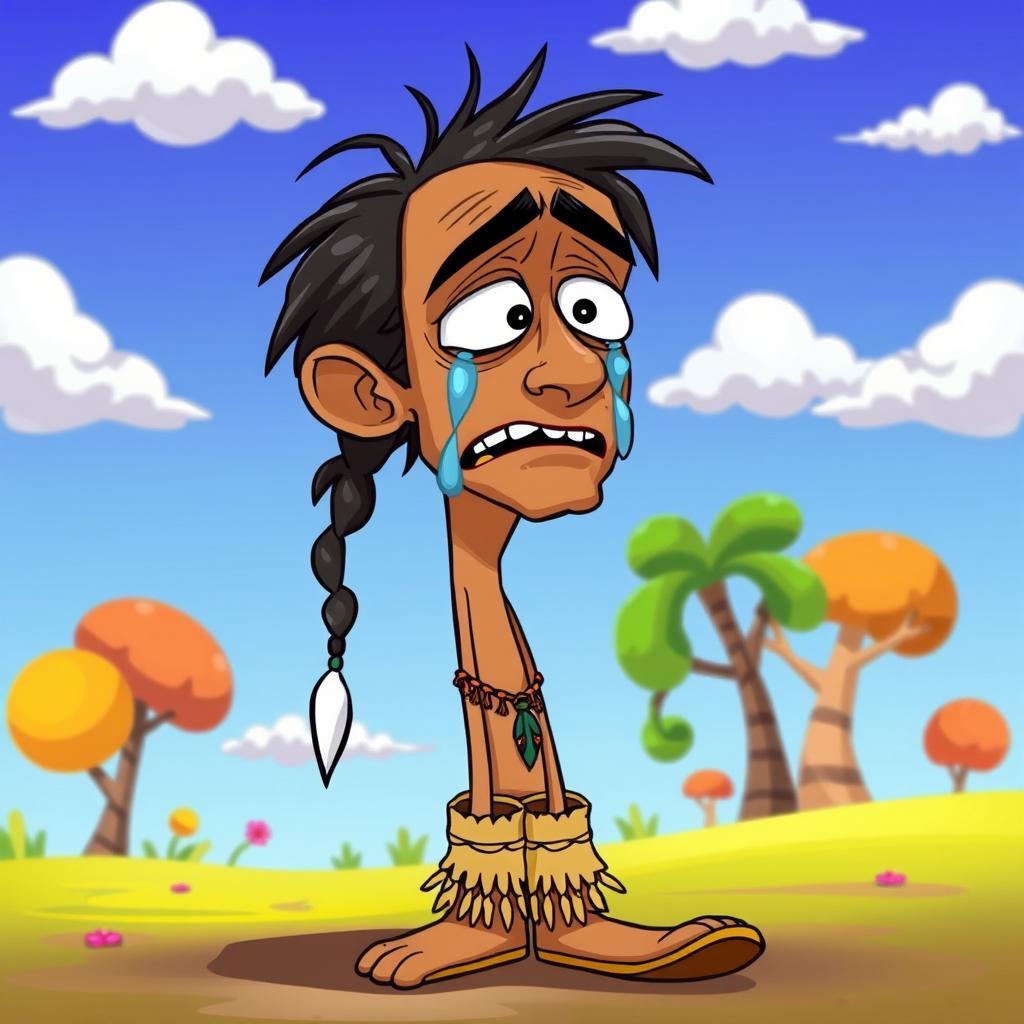 A tall, skinny man with exaggerated facial features expressing deep emotion, tears streaming down his face