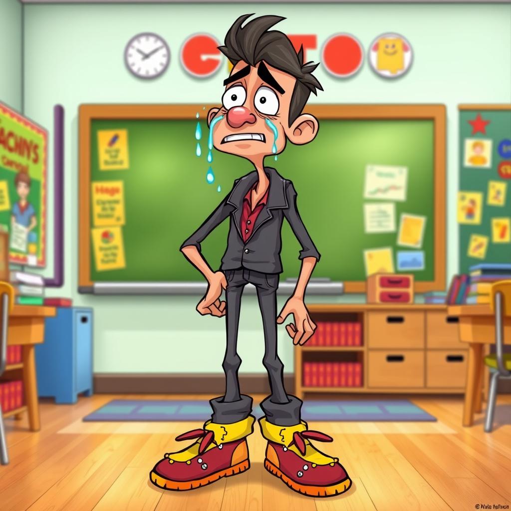A tall, skinny male teacher with an animated expression of sorrow, tears flowing down his face