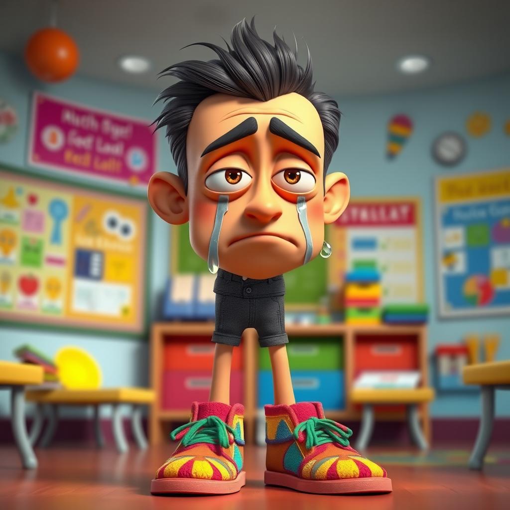 A tall, skinny male teacher with a sorrowful expression, tears flowing from his eyes, depicted in a vibrant 3D animated style