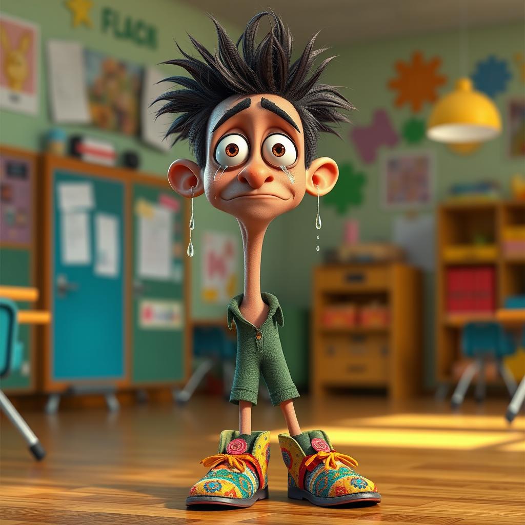 A very tall, skinny male teacher with tears streaming down his face, wearing colorful patterned moccasins