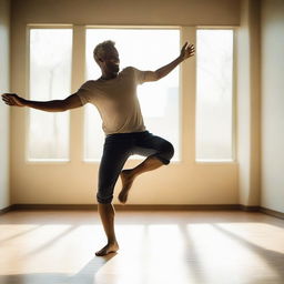 A man, imbued with strength and joy, dancing alone under the natural light of a sunny day. He moves rhythmically, each move echoing his courage and freedom.