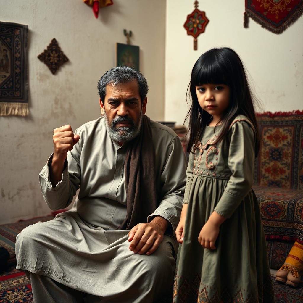 A poignant scene depicting an Afghan father expressing frustration and disappointment while sitting in a simple room