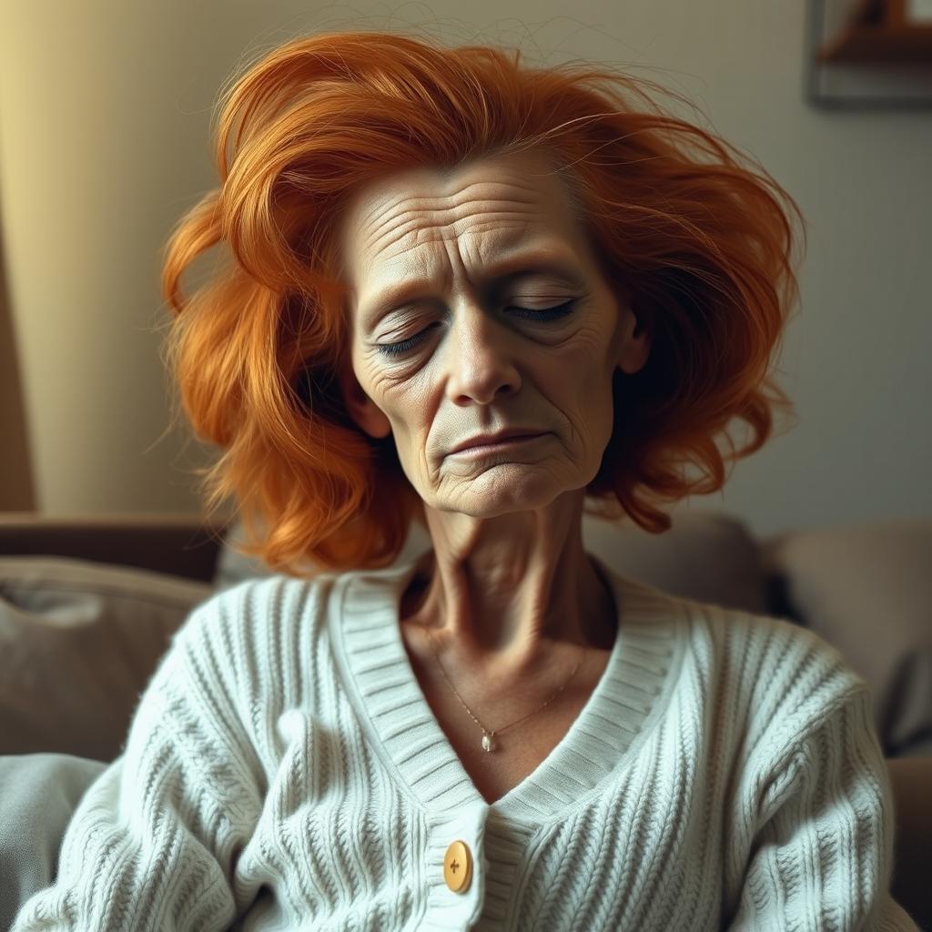 A tall, skinny, sleepy ginger lady with wrinkled skin, featuring puffy, voluminous hair
