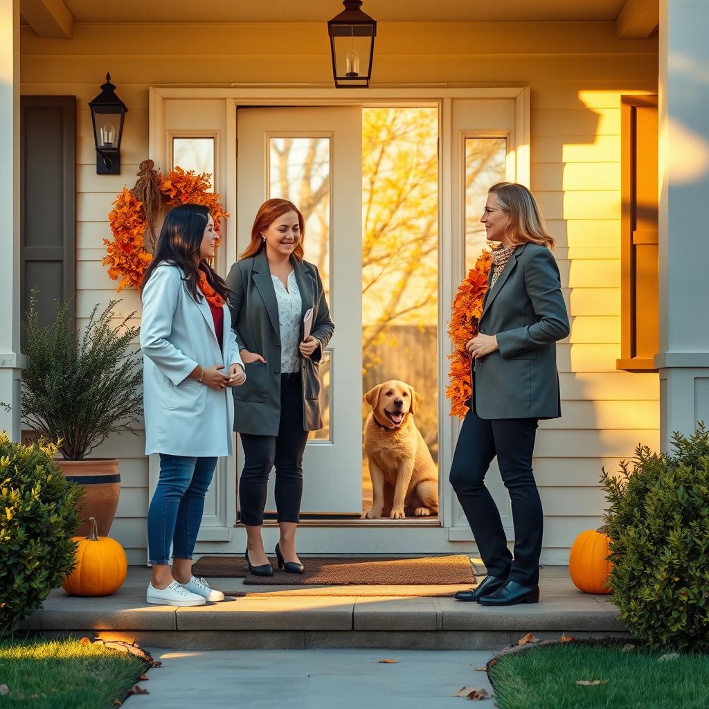A scene depicting a cozy suburban house, where two social workers are standing at the front door, ready to knock