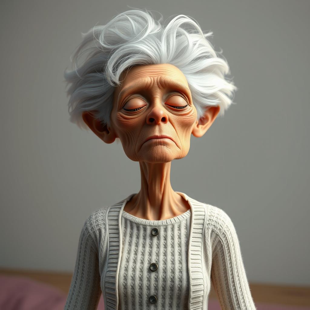 A tall, skinny, sleepy ginger lady with wrinkled skin and puffy, voluminous hair, wearing a tight white cardigan