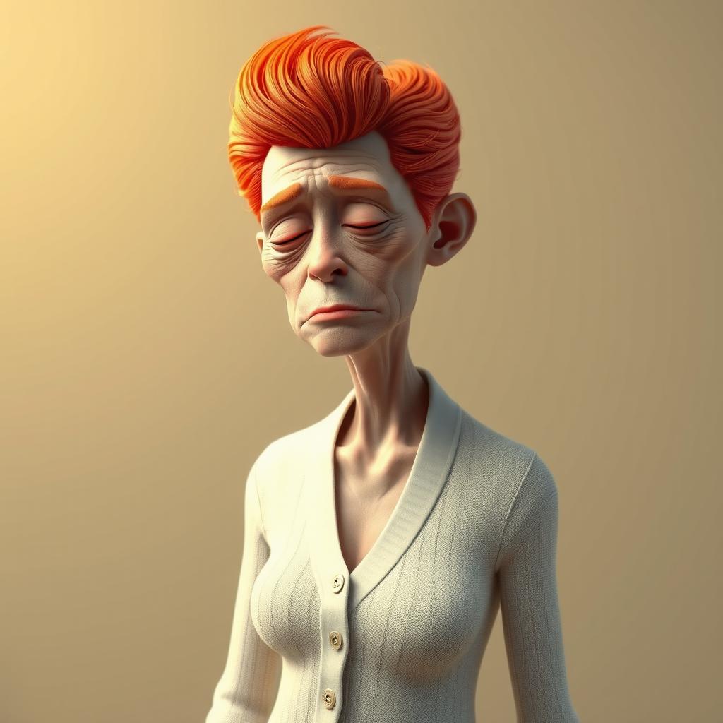 A tall, skinny, tired red-haired lady with wrinkled skin, featuring puffy, voluminous hair