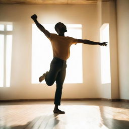 A man, imbued with strength and joy, dancing alone under the natural light of a sunny day. He moves rhythmically, each move echoing his courage and freedom.