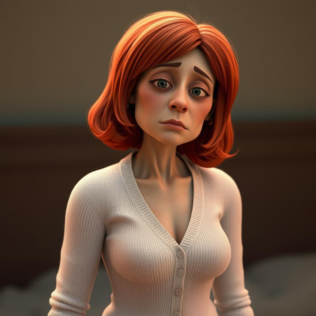 A tall, skinny, tired red-haired lady with shoulder-length puffy hair and wrinkled skin, dressed in a tight white cardigan that fits her slender frame perfectly