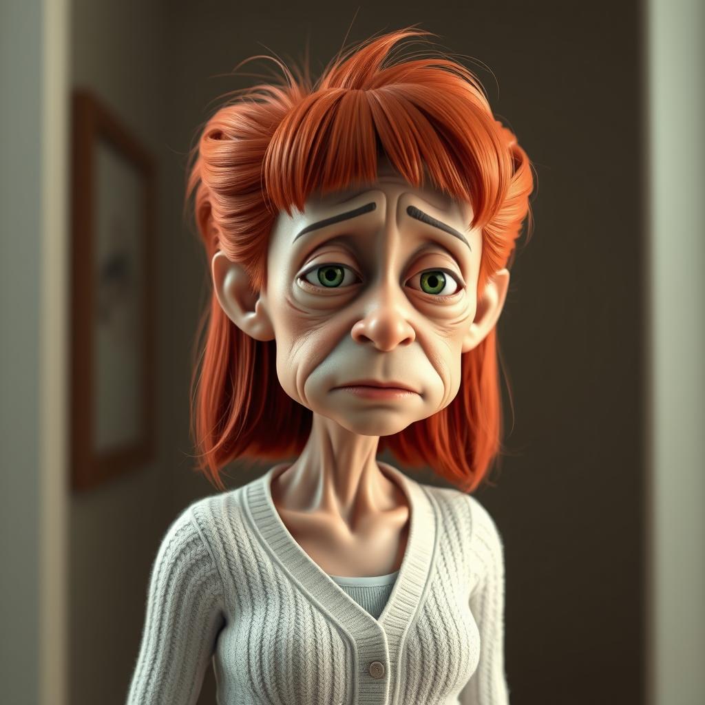 A tall, skinny, tired-looking woman with red hair that reaches her shoulders, featuring a unique puffy hairstyle