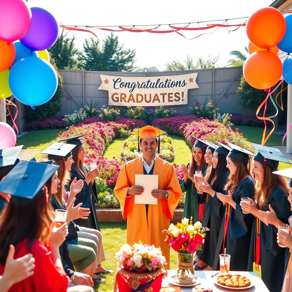 A lively graduation party scene outdoors, with joyful graduates wearing colorful caps and gowns