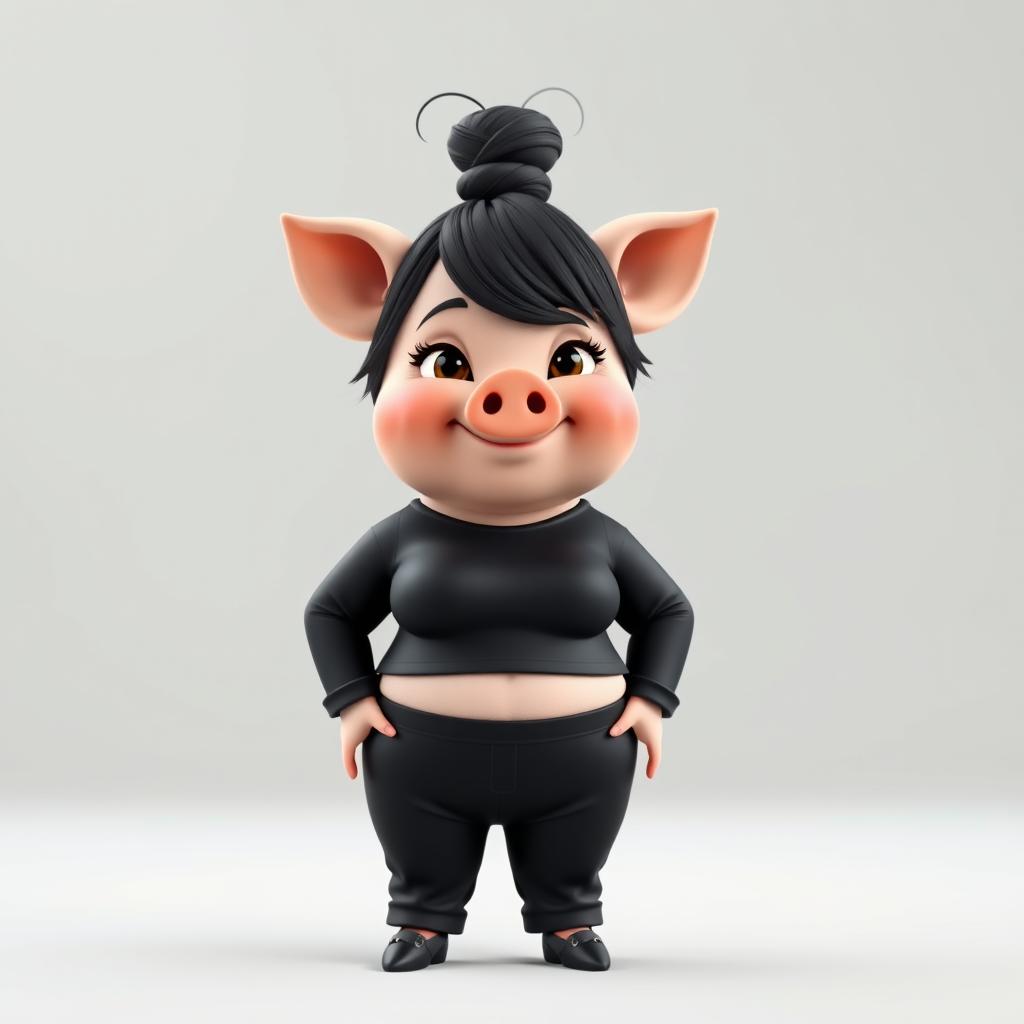 A 3D render of a whimsical character that uniquely combines features of a pig and a short, chubby woman