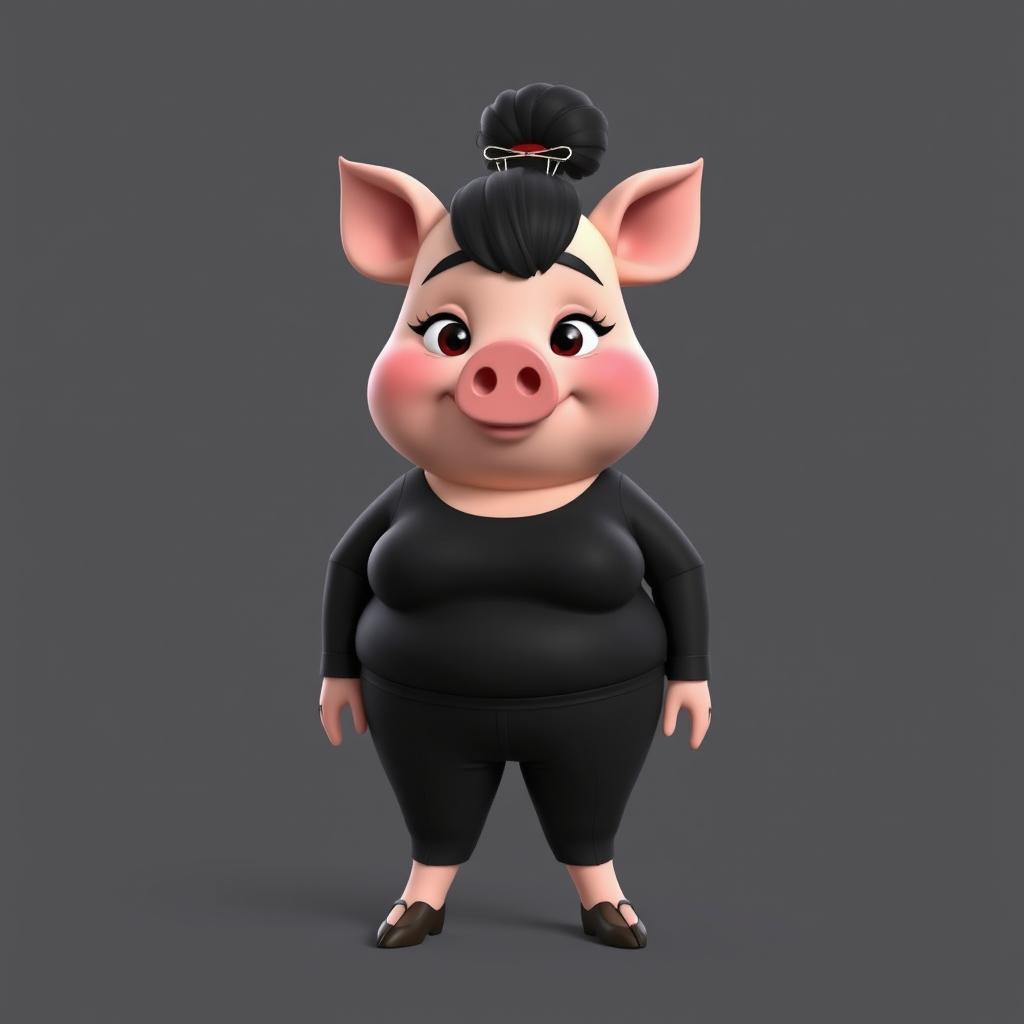 A whimsical 3D character that merges features of a pig with a short, chubby woman, while maintaining a distinctly human appearance