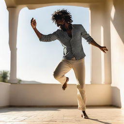 A man, imbued with strength and joy, dancing alone under the natural light of a sunny day. He moves rhythmically, each move echoing his courage and freedom.