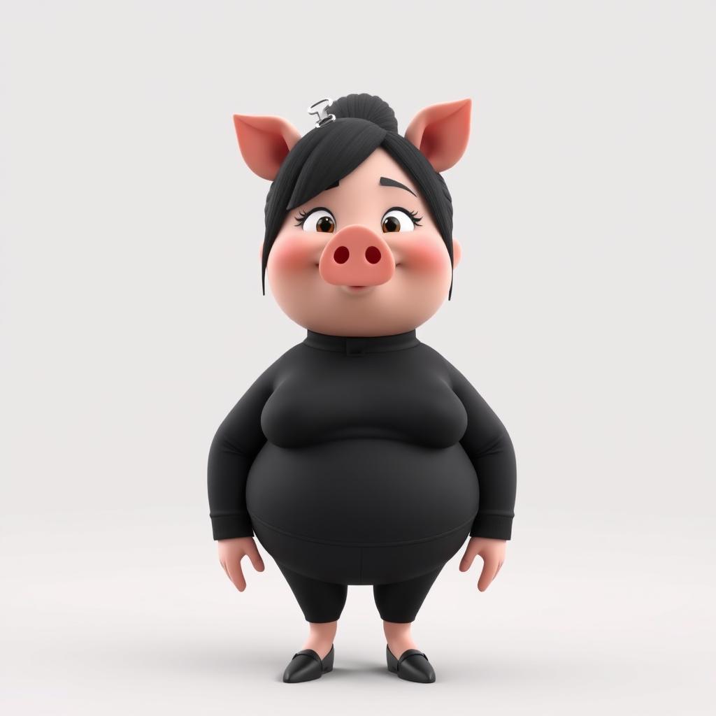 A whimsical 3D character that merges features of a pig with a short, chubby woman, maintaining a distinctly human appearance