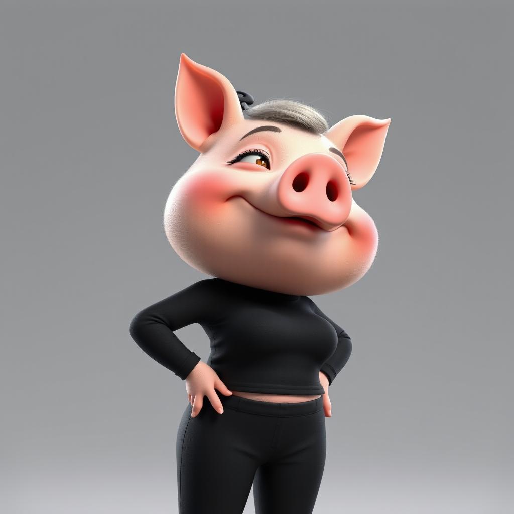 A 3D illustration of a unique character that combines features of a pig with a short, chubby woman
