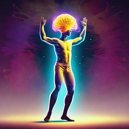 A surreal and symbolic illustration of a person dancing with their own brain. The brain glows with vibrant bursts of creativity, symbolizing a harmonious interplay of intellect and emotion.