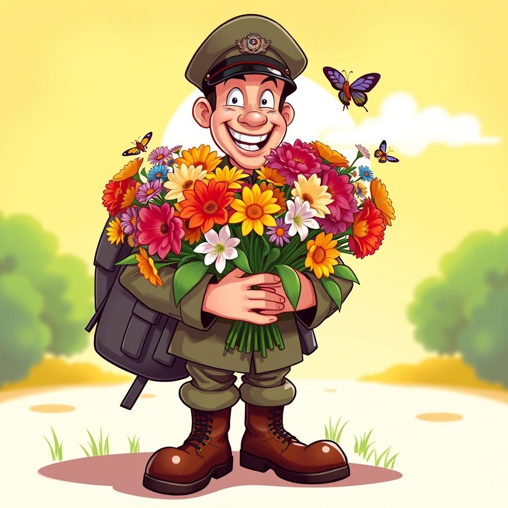 A funny soldier holding a bouquet of colorful flowers, dressed in an exaggerated, cartoonish military uniform with oversized boots and a cheerful expression