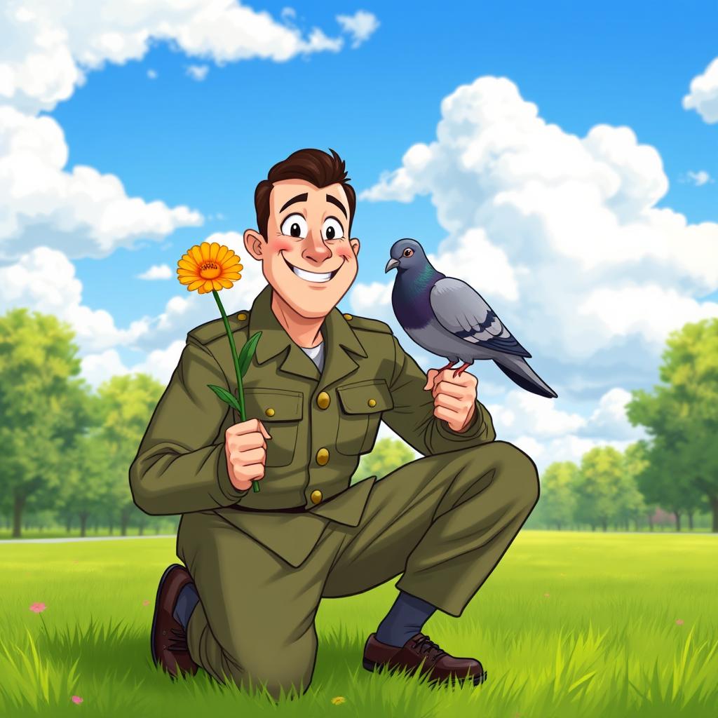 A humorous soldier crouching down, holding a single colorful flower while a cute pigeon perches on his shoulder