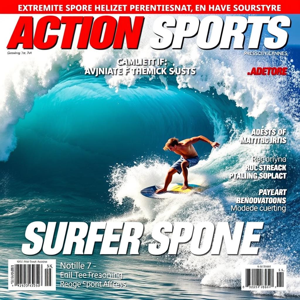 A dynamic cover image for an action sports magazine featuring a surfer riding an enormous, crashing wave