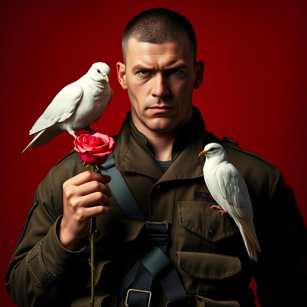 A fierce-looking marine with a tough expression stands prominently against a vivid red background