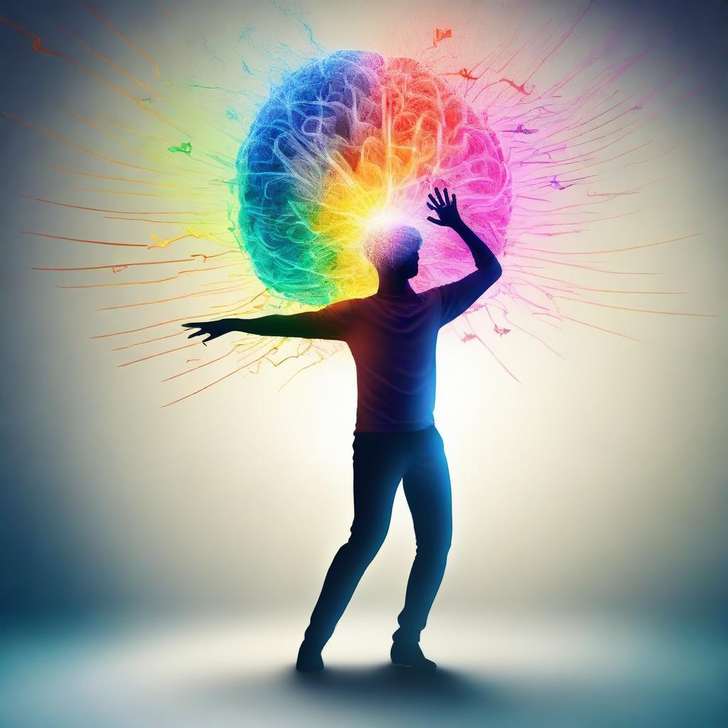 A surreal and symbolic illustration of a person dancing with their own brain. The brain glows with vibrant bursts of creativity, symbolizing a harmonious interplay of intellect and emotion.