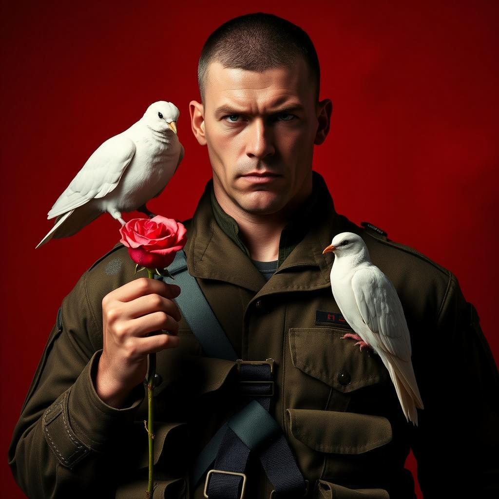 A fierce-looking marine stands confidently against a striking red background