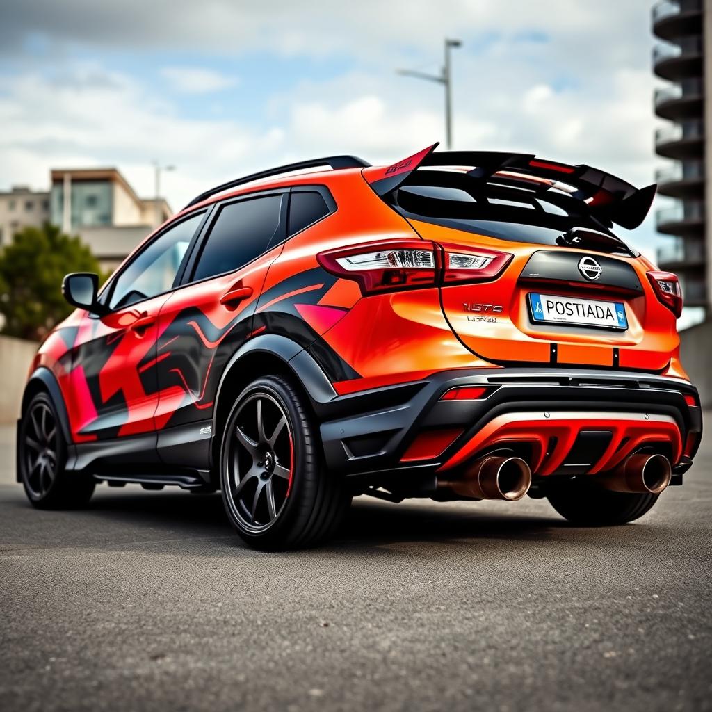An impressive side and rear view of a heavily modified Nissan Qashqai, showcasing its tuning enhancements including two large, stylish exhaust pipes that hint at its performance capabilities