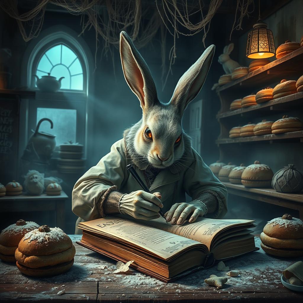 A creepy Easter rabbit, dressed in tattered clothes, hunched over a large, ancient book in a dimly lit bakery