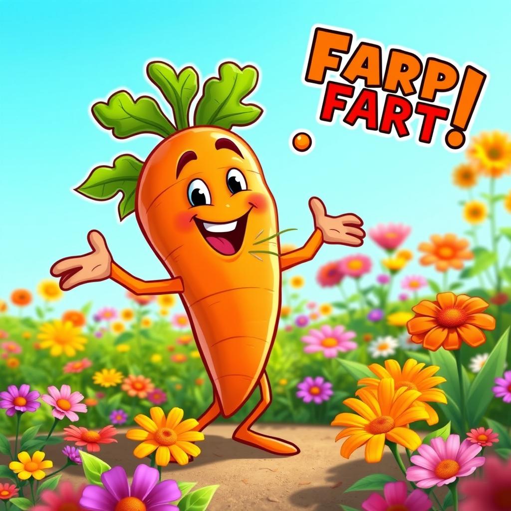 A cheerful carrot character with cartoonish arms and legs, smiling broadly, striking a playful pose as it lets out a comic fart